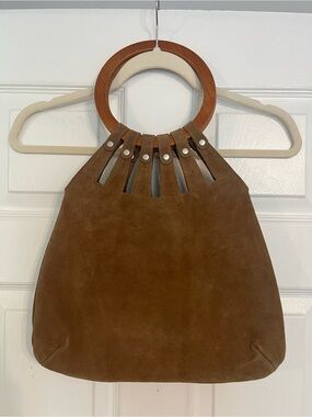 Vintage Suede Brown Handbag with Wooden Ring Handles